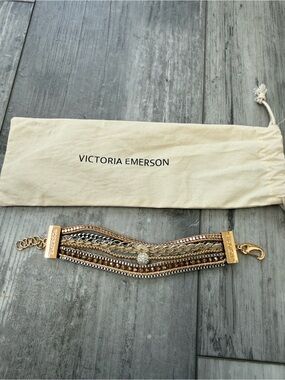 Victoria Emerson Multi Strand Crystal Bracelet Gold Silver Boho | Like New
